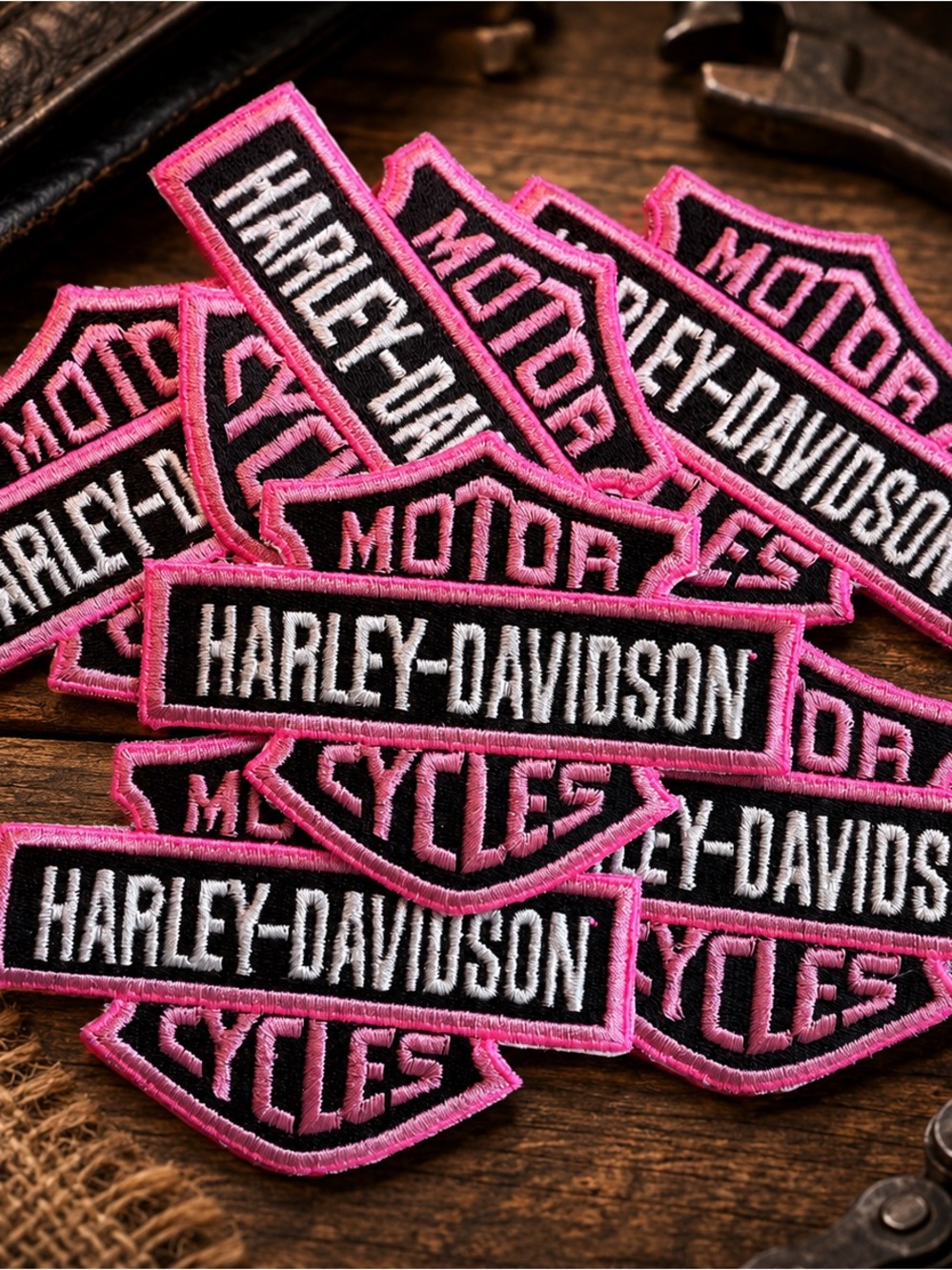 Harley-Davidson Black & Pink Embroidered Logo Iron On Patches